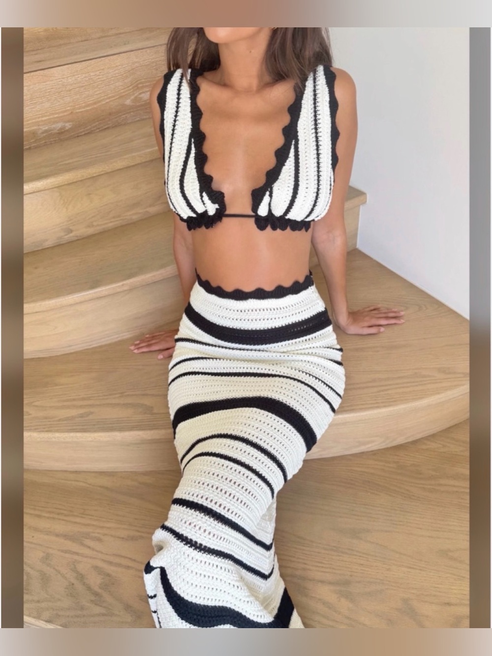 Meshki Striped Black and white Knit crop top and skirt Set size S - Picture 2 of 7